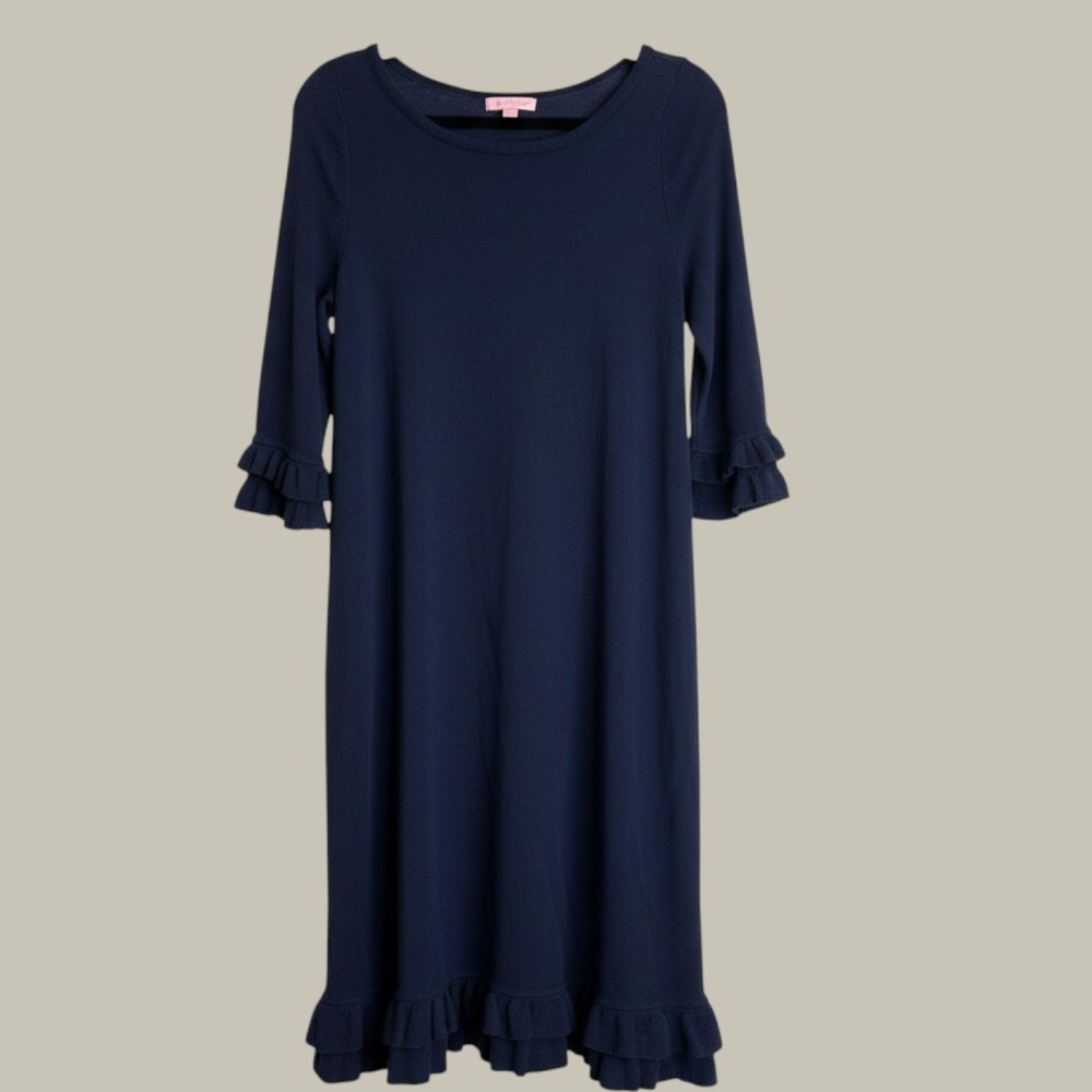 Lilly Pulitzer Navy Blue 100% Merino Wool Ruffle Sleeve Sweater Dress Medium